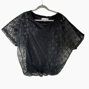 Red Pedal Black Lace Top Blouse XL Sheer Overlay Party Evening Short Sleeve